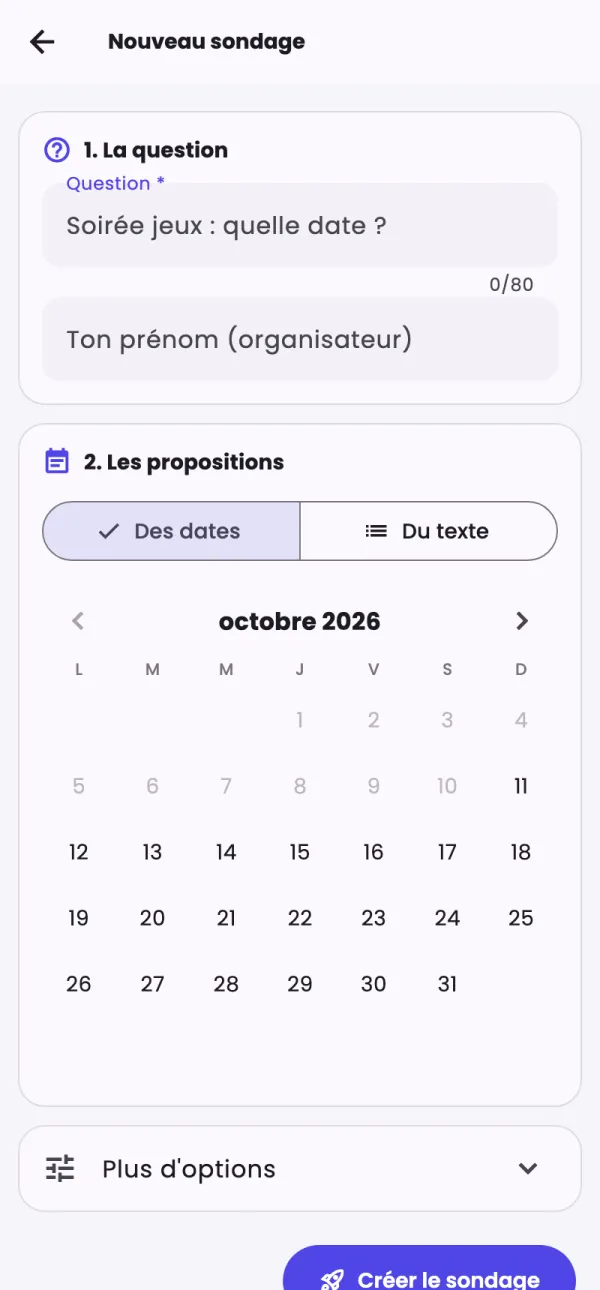 L'écran de création : la question et le calendrier des jours
