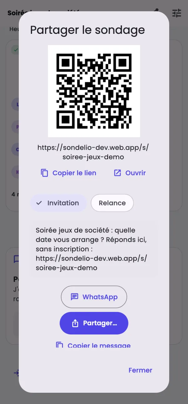 Le partage : le lien, son QR code et le message d'invitation